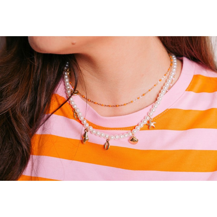 COLLIER PERLES NACRE ET COQUILLAGES ACIER INOX GOLD PETIT PRIX