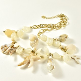 COLLIER COQUILLAGES ET PERLES ACIER INOX GOLD PETIT PRIX