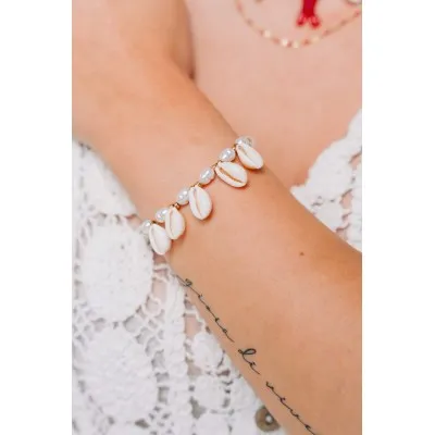BRACELET PERLES GRIS METALLISE MEDAILLON ACIER INOX GOLD PETIT PRIX