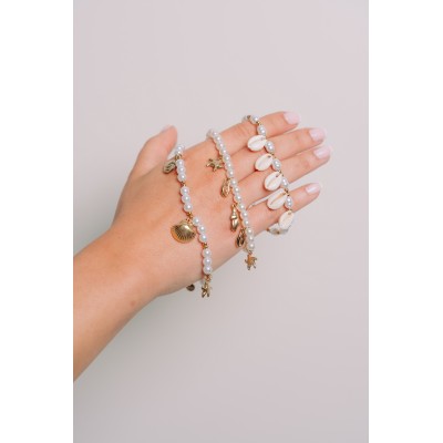 BRACELET PERLES GRIS METALLISE MEDAILLON ACIER INOX GOLD PETIT PRIX
