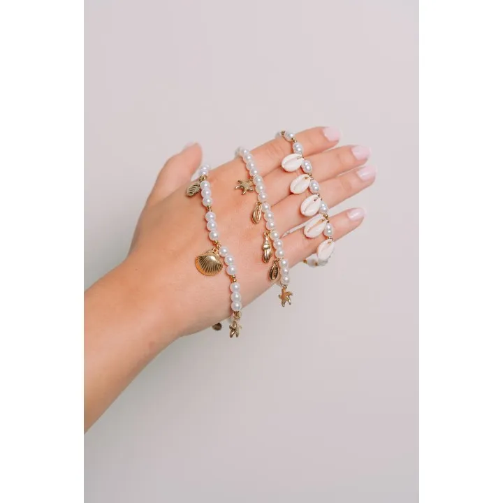 BRACELET PERLES GRIS METALLISE MEDAILLON ACIER INOX GOLD PETIT PRIX