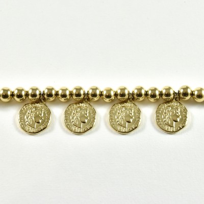 BRACELET PERLES GRIS METALLISE MEDAILLON ACIER INOX GOLD PETIT PRIX