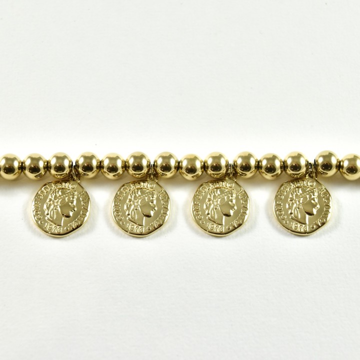 BRACELET PERLES GRIS METALLISE MEDAILLON ACIER INOX GOLD PETIT PRIX