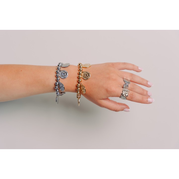 BRACELET PERLES GRIS METALLISE MEDAILLON ACIER INOX GOLD PETIT PRIX