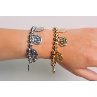 BRACELET PERLES GOLD MEDAILLES ACIER INOXYDABLE GOLD PETIT PRIX
