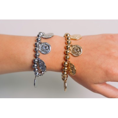 BRACELET PERLES GRIS METALLISE MEDAILLON ACIER INOX GOLD PETIT PRIX