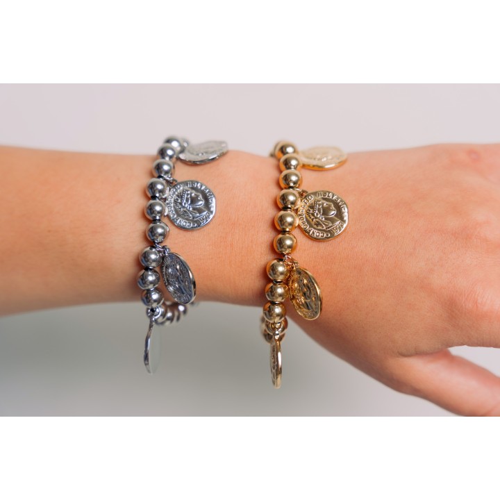 BRACELET PERLES GRIS METALLISE MEDAILLON ACIER INOX GOLD PETIT PRIX