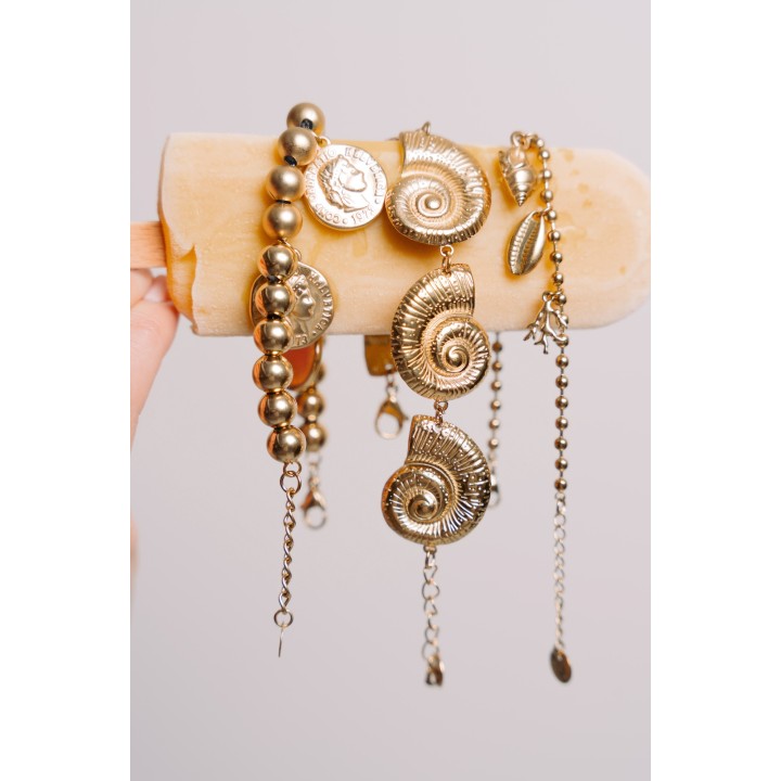 BRACELET PERLES GRIS METALLISE MEDAILLON ACIER INOX GOLD PETIT PRIX