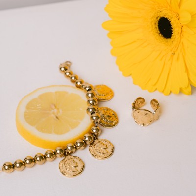 BRACELET PERLES GRIS METALLISE MEDAILLON ACIER INOX GOLD PETIT PRIX