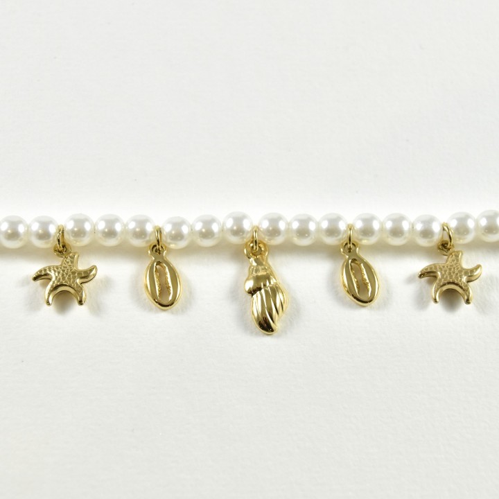 BRACELET PERLES GRIS METALLISE MEDAILLON ACIER INOX GOLD PETIT PRIX