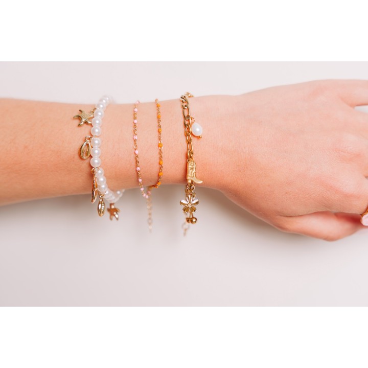 BRACELET PERLES GRIS METALLISE MEDAILLON ACIER INOX GOLD PETIT PRIX