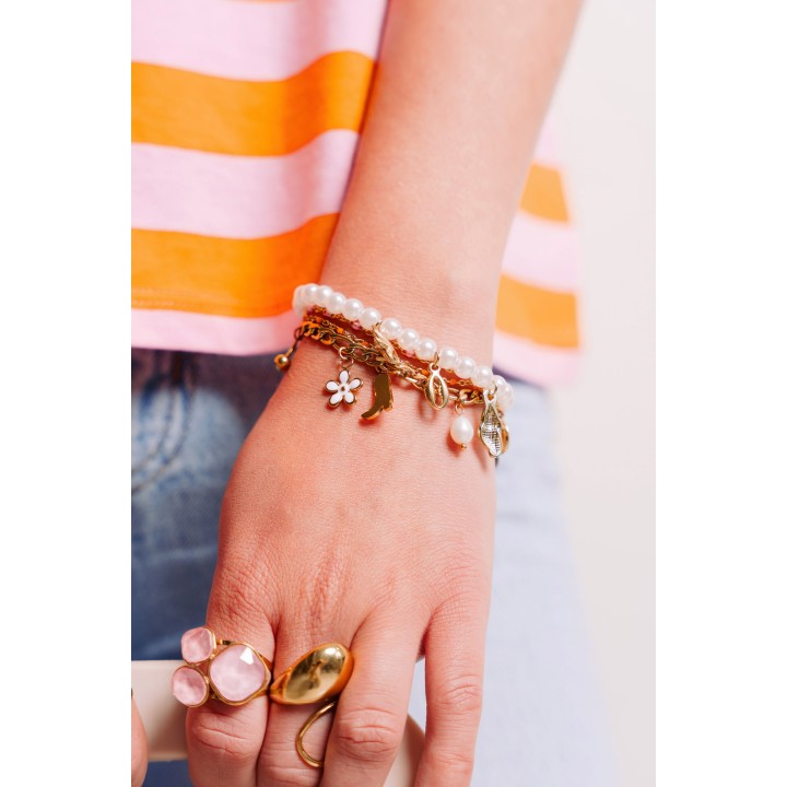 BRACELET PERLES GRIS METALLISE MEDAILLON ACIER INOX GOLD PETIT PRIX