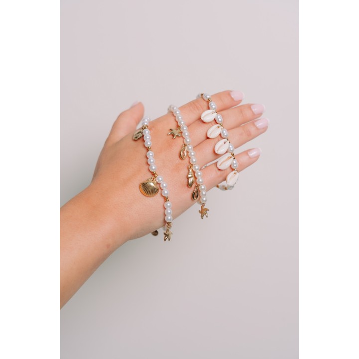 BRACELET PERLES GRIS METALLISE MEDAILLON ACIER INOX GOLD PETIT PRIX