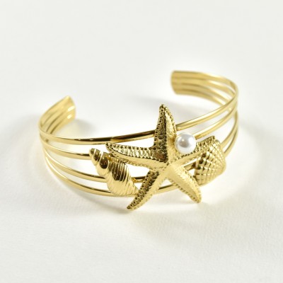 BRACELET PERLES GRIS METALLISE MEDAILLON ACIER INOX GOLD PETIT PRIX