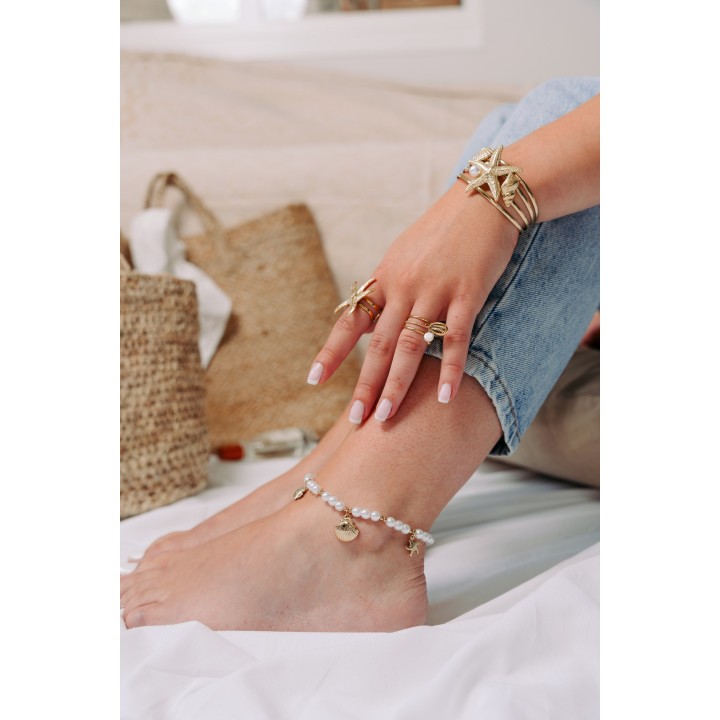 BRACELET PERLES GRIS METALLISE MEDAILLON ACIER INOX GOLD PETIT PRIX
