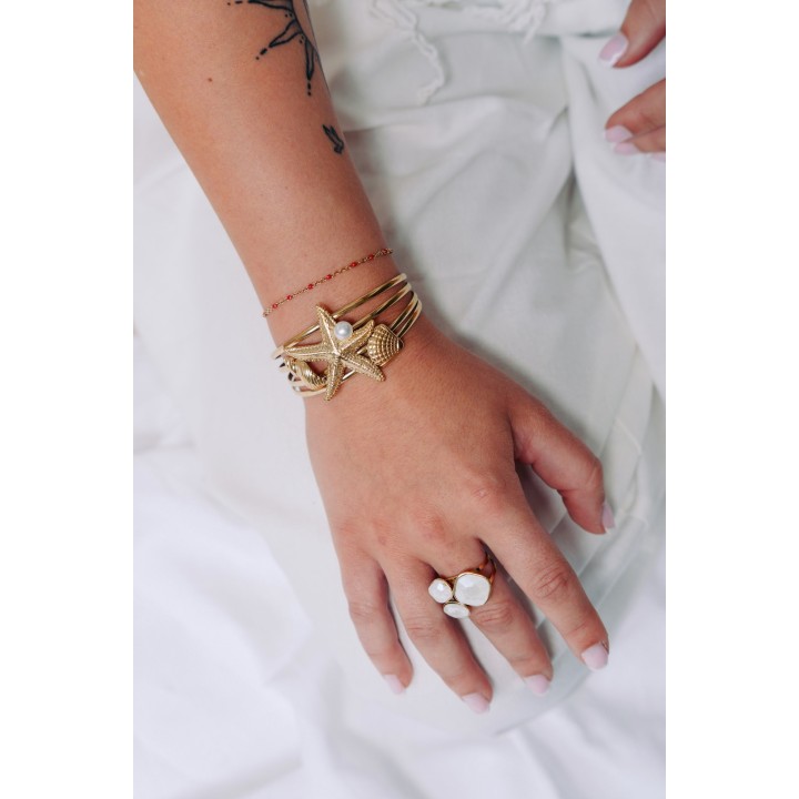 BRACELET PERLES GRIS METALLISE MEDAILLON ACIER INOX GOLD PETIT PRIX