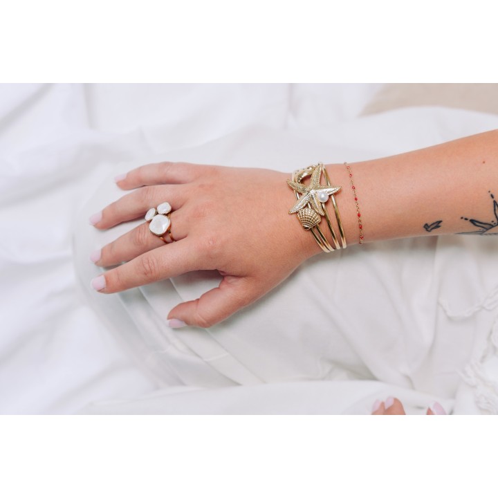 BRACELET PERLES GRIS METALLISE MEDAILLON ACIER INOX GOLD PETIT PRIX
