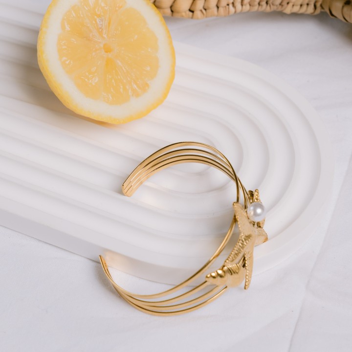 BRACELET PERLES GRIS METALLISE MEDAILLON ACIER INOX GOLD PETIT PRIX