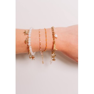 BRACELET PERLES GRIS METALLISE MEDAILLON ACIER INOX GOLD PETIT PRIX