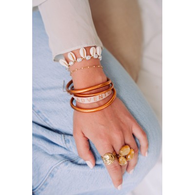 BRACELET PERLES GRIS METALLISE MEDAILLON ACIER INOX GOLD PETIT PRIX