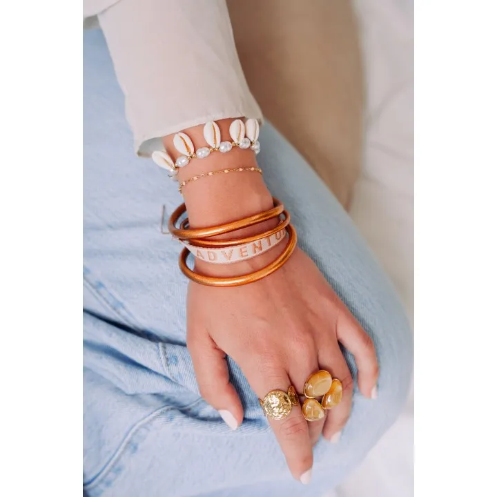 BRACELET PERLES GRIS METALLISE MEDAILLON ACIER INOX GOLD PETIT PRIX