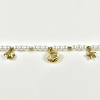BRACELET PERLES GRIS METALLISE MEDAILLON ACIER INOX GOLD PETIT PRIX