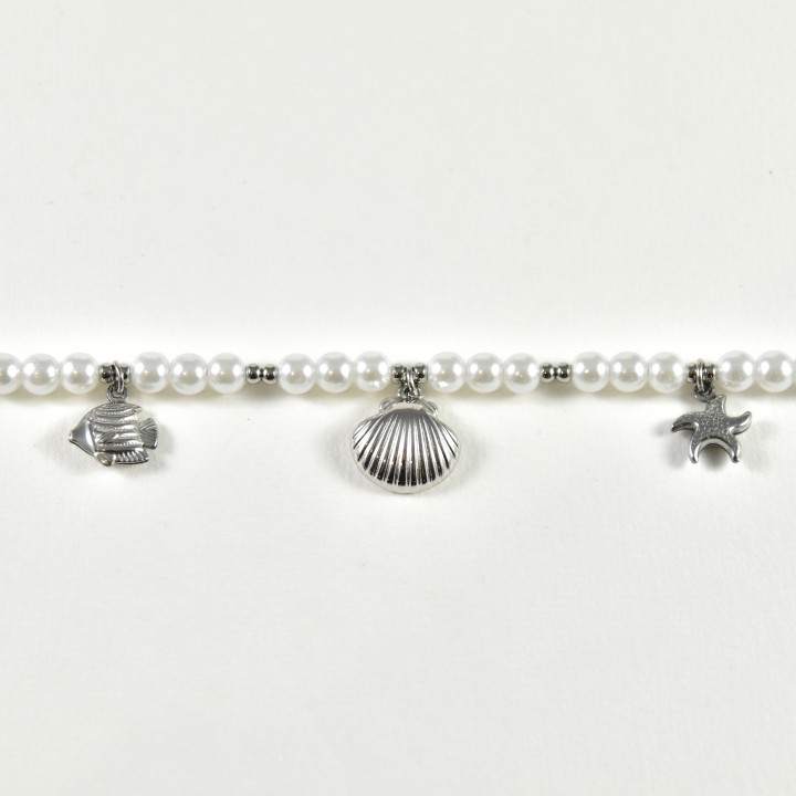 BRACELET PERLES GRIS METALLISE MEDAILLON ACIER INOX GOLD PETIT PRIX