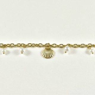 BRACELET PERLES GRIS METALLISE MEDAILLON ACIER INOX GOLD PETIT PRIX