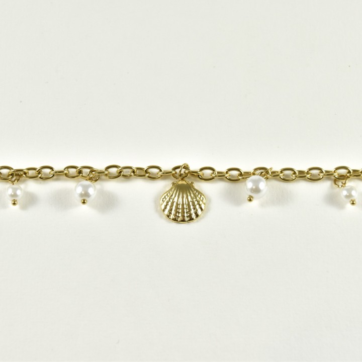 BRACELET PERLES GRIS METALLISE MEDAILLON ACIER INOX GOLD PETIT PRIX