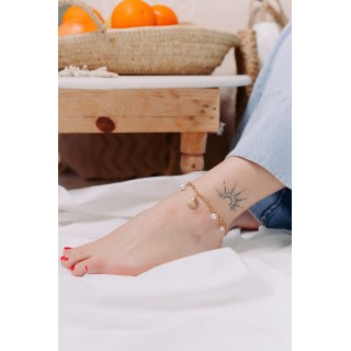 BRACELET PERLES GRIS METALLISE MEDAILLON ACIER INOX GOLD PETIT PRIX