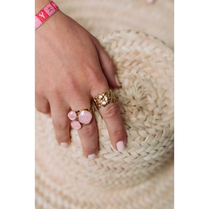 BAGUE LARGE FLEURS GRAVEES ACIER INOXYDABLE GOLD PETIT PRIX