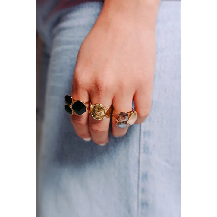 BAGUE PAMPILLES FACETTES NOIRES ACIER INOXYDABLE GOLD PETIT PRIX