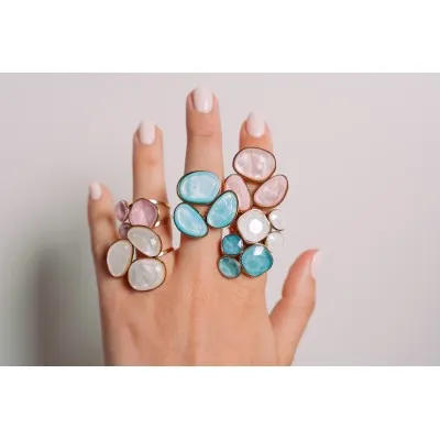 BAGUE PAMPILLES FACETTES BLANCHES ACIER INOXYDABLE GOLD PETIT PRIX