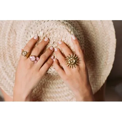 BAGUE PAMPILLES FACETTES ROSES ACIER INOXYDABLE GOLD PETIT PRIX