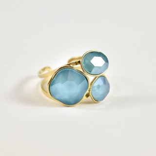 BAGUE PAMPILLES FACETTES BLEUES ACIER INOXYDABLE GOLD PETIT PRIX