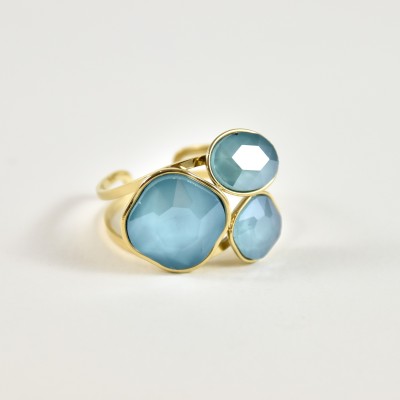 BAGUE PAMPILLES FACETTES BLEUES ACIER INOXYDABLE GOLD PETIT PRIX