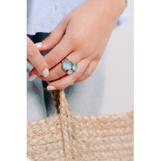 BAGUE PAMPILLES FACETTES BLEUES ACIER INOXYDABLE GOLD PETIT PRIX