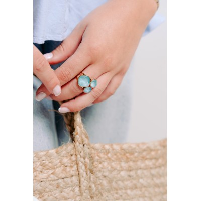 BAGUE PAMPILLES FACETTES BLEUES ACIER INOXYDABLE GOLD PETIT PRIX