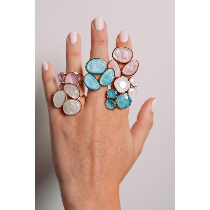 BAGUE PAMPILLES FACETTES BLEUES ACIER INOXYDABLE GOLD PETIT PRIX