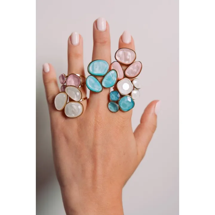 BAGUE PAMPILLES FACETTES BLEUES ACIER INOXYDABLE GOLD PETIT PRIX