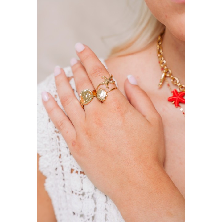 BAGUE FINE COQUILLAGE ETOILE DE MER ACIER INOXYDABLE GOLD PETIT PRIX