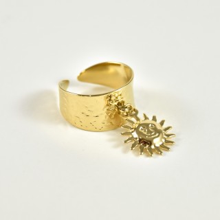 BAGUE LARGE MARTELEE SOLEIL ACIER INOXYDABLE GOLD PETIT PRIX