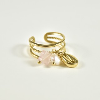 BAGUE TRIPLE TREFLE NACRE CAURI ACIER INOXYDABLE GOLD PETIT PRIX