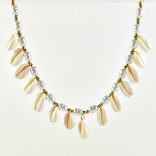 COLLIER PERLES GOLD ET NACRE CAURIS ACIER INOX GOLD PETIT PRIX