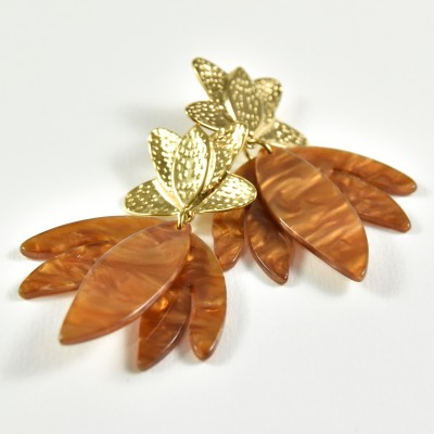 BOUCLES FLEURS MARRONS ACIER INOXYDABLE GOLD PETIT PRIX