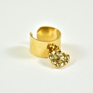 BAGUE LARGE COEUR MARTELE STRASS ACIER INOXYDABLE GOLD PETIT PRIX