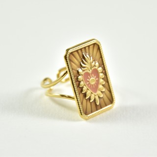 BAGUE RECTANGLE COEUR SACRE ROSE ACIER INOXYDABLE GOLD PETIT PRIX