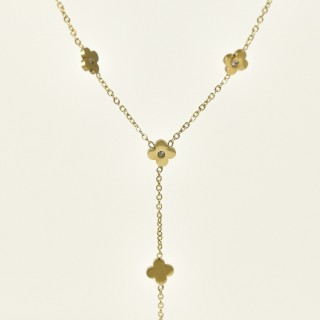 COLLIER CRAVATE TREFLES STRASS ACIER INOX GOLD PETIT PRIX