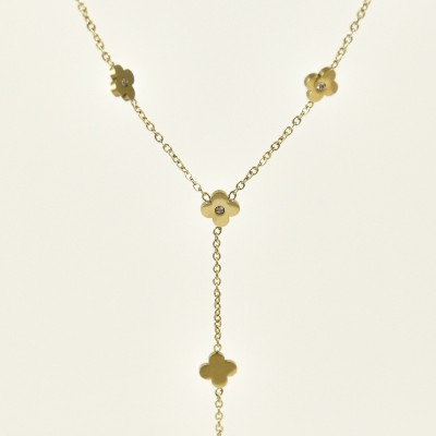 COLLIER CRAVATE TREFLES STRASS ACIER INOX GOLD PETIT PRIX