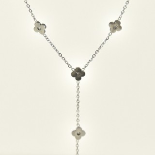 COLLIER CRAVATE TREFLES STRASS ACIER INOX SILVER PETIT PRIX